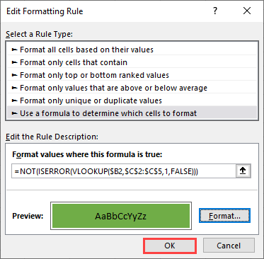 highlight cell if value exists in another column 3