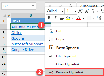 remove a hyperlink excel