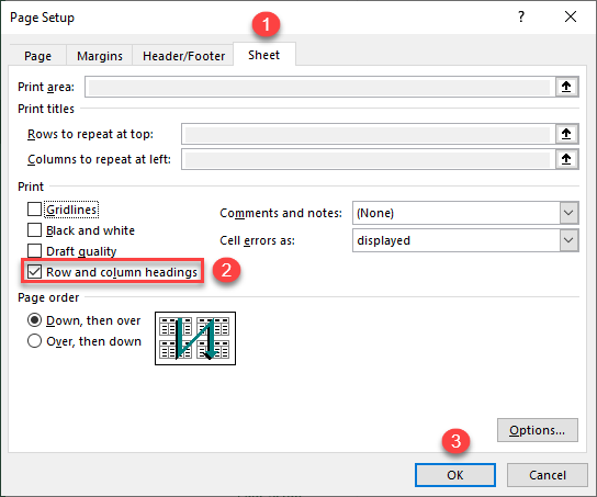 row and column headings setup 1