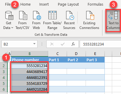 separate numbers text to columns