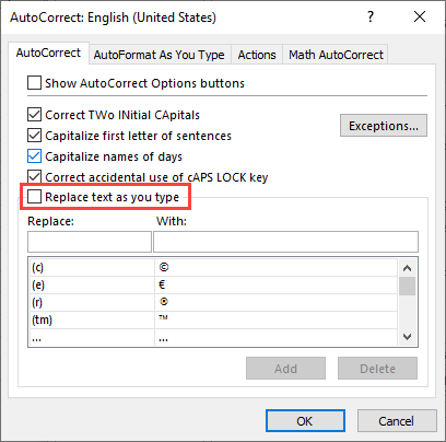 stop autocorrect excel