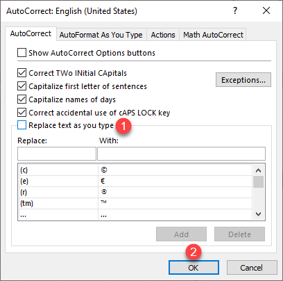 turn off autocorrect excel 2