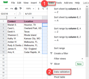 google sheets data validation