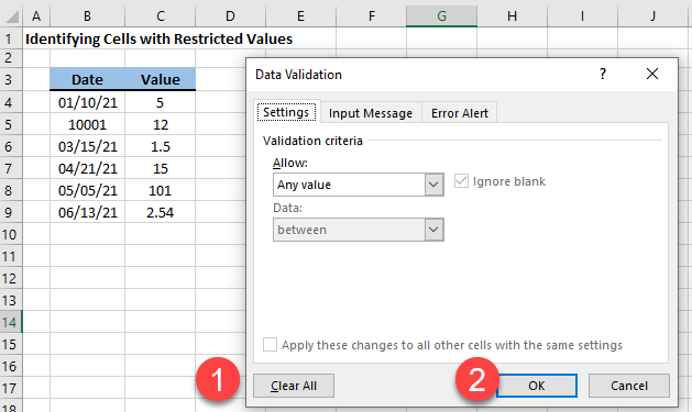 restricted values clear all