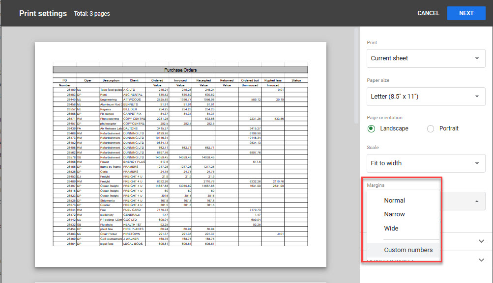 page setup gs set margins