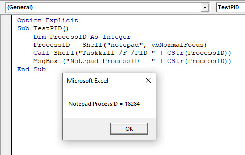 VBA Shell Notepad Process ID