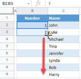 google sheets autofill numbers fill handle