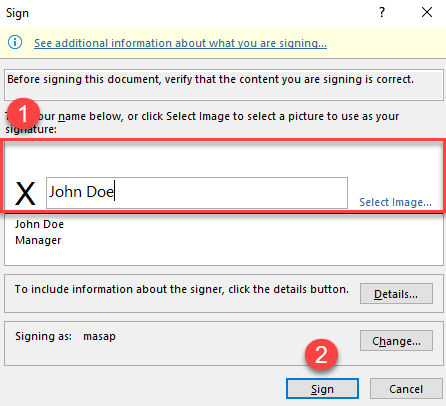 inserting a signature in excel