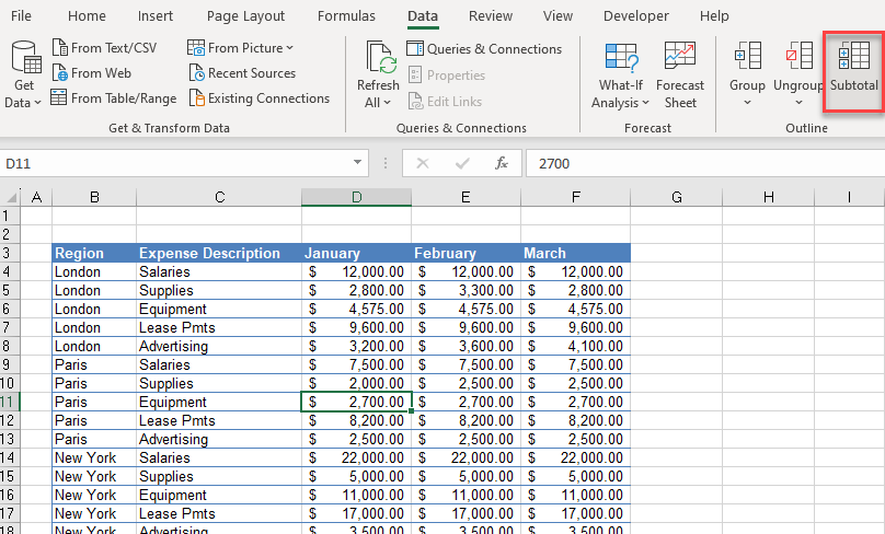 outline ribbon subtotal