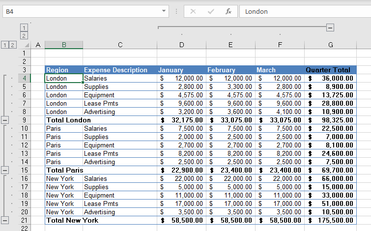 outline rows columns expanded