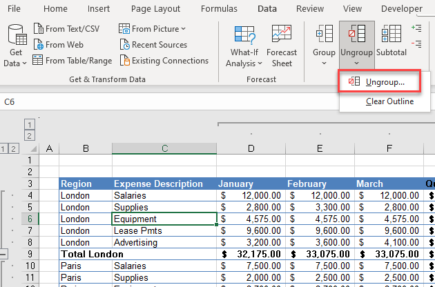 outline rows ungroup