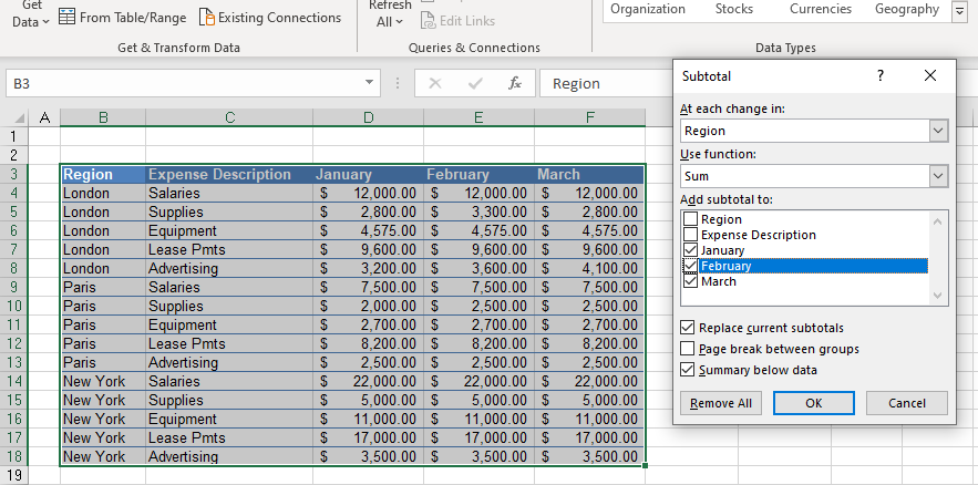 outline subtotal select