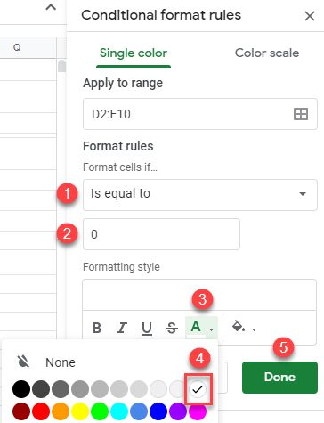 google sheets hide zeroes conditional formatting 1