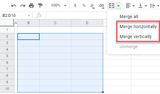 google sheets merge horizontally vertically