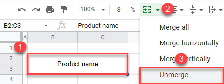 google sheets unmerge all cells