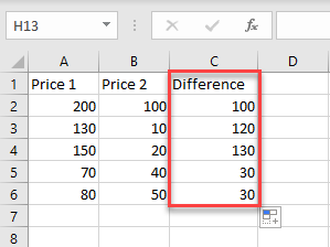 subtract multiple cells 10