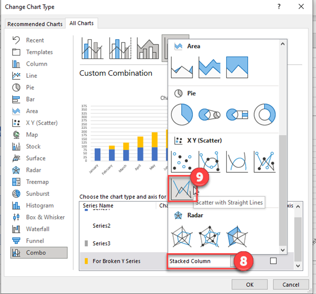 Create Scatter Straight Lines Break Dummy Data Y Axis Excel