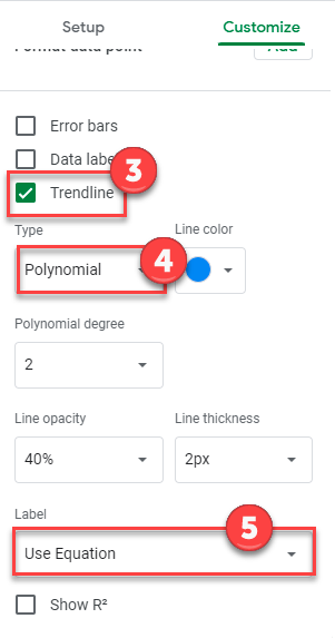 Polynomial Trendline and Equation for Curve in Google Sheets