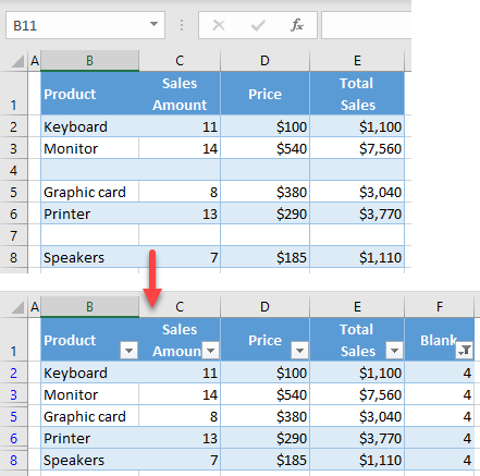 hide blank rows initial data