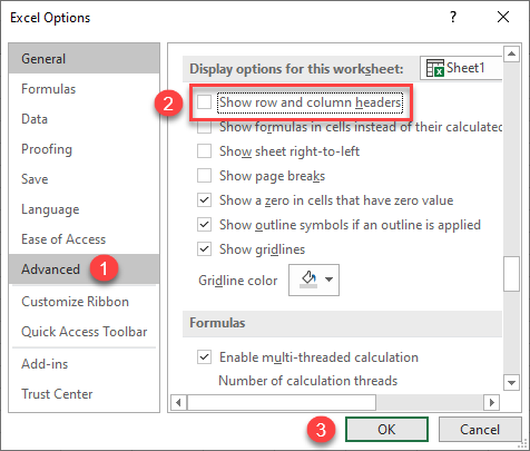 hide columns and rows headings excel options 2