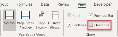 hide columns and rows headings ribbon