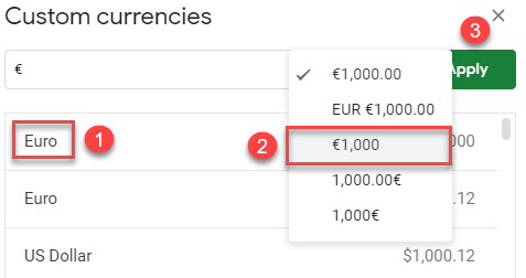 insert a euro symbol google sheets 2