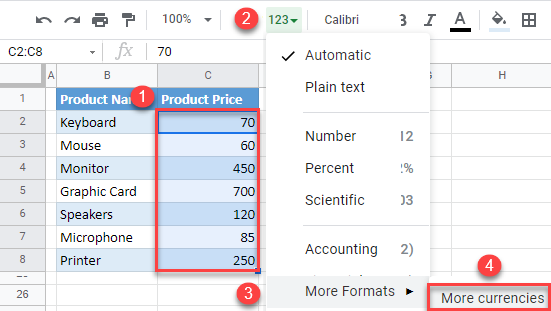 insert a euro symbol google sheets