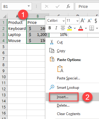 insert shift cells right 2