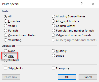 add multiple cells with paste special 3