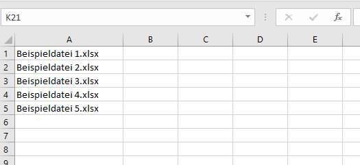 dateien in arbeitsblatt auflisten