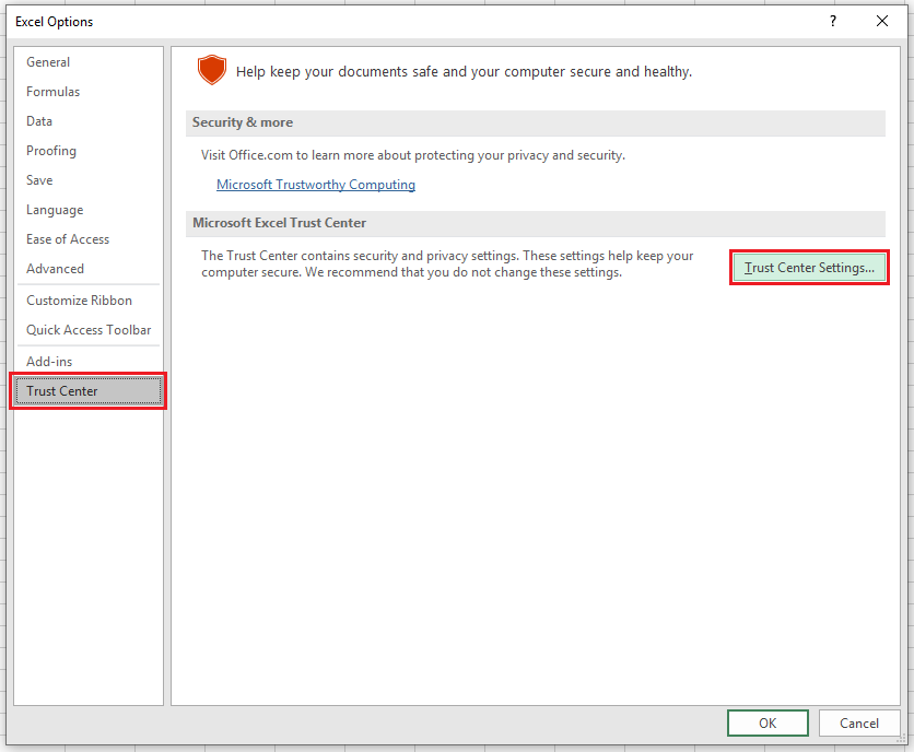 excel optionen trust center