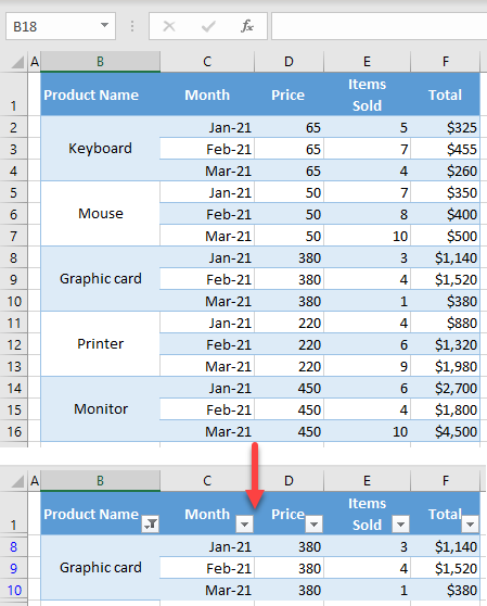 filter merged cells initial data