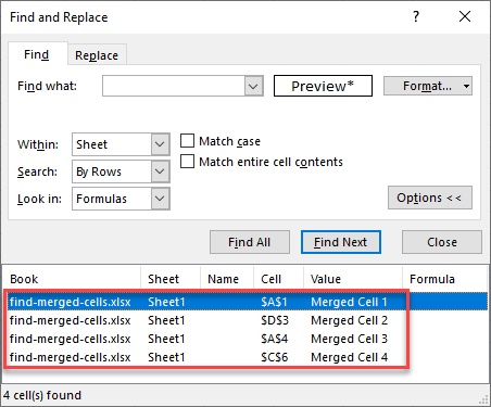 find merged cells 5