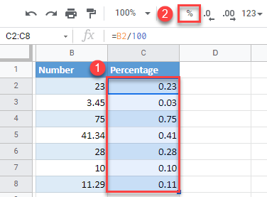 google sheets add percentage style to numbers 1