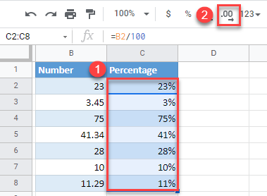 google sheets add percentage style to numbers 2
