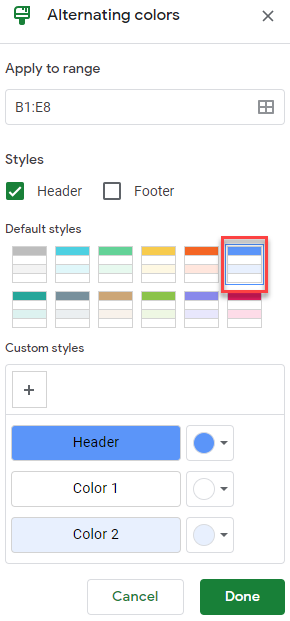 google sheets alterrnating colors 2
