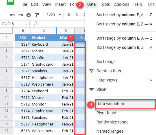 google sheets data validation