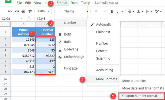 google sheets move decimal places 1