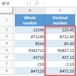 google sheets move decimal places 3