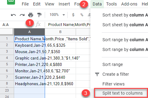 google sheets paste csv data into columns 1