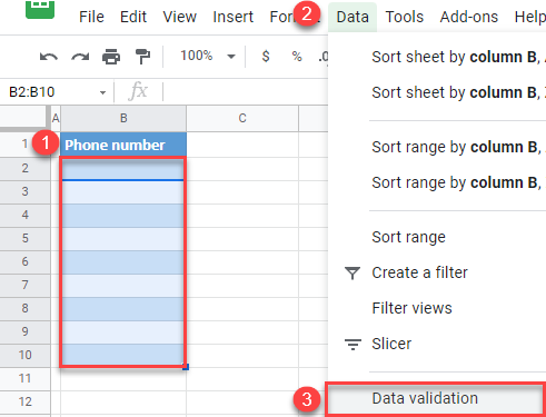 google sheets validate phone numbers