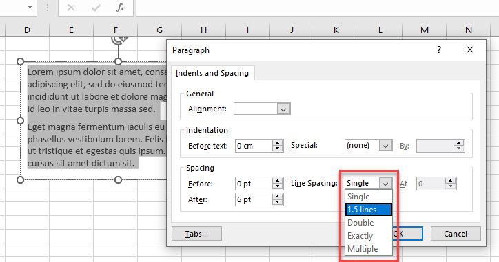 linespacing select spacing