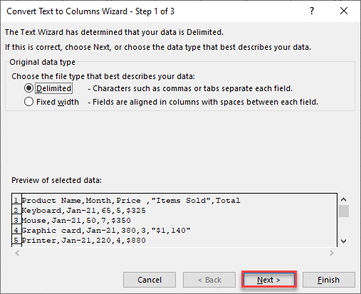 paste csv data into columns 5