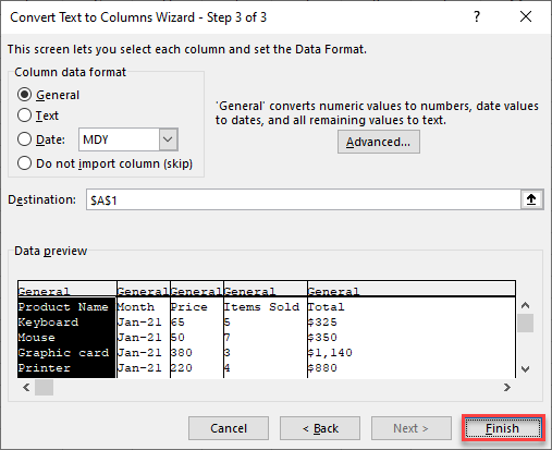 paste csv data into columns 7