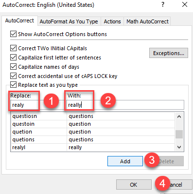 turn on change auto correct new word