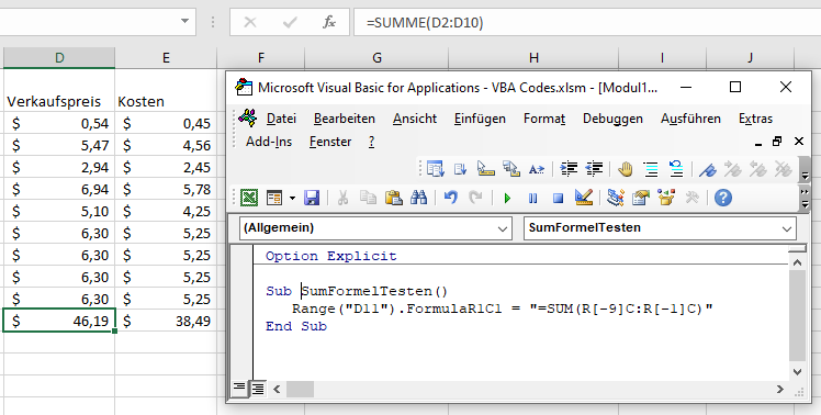 vba sum dynamische formel