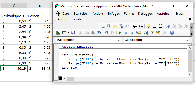 vba sum funktion statisch