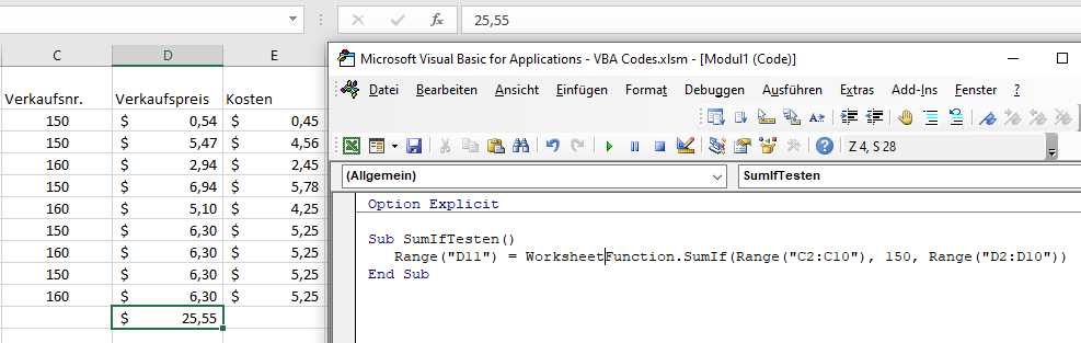 vba sumif funktion verwenden