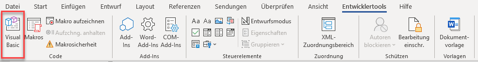 word entwicklertools visual basic aufruf