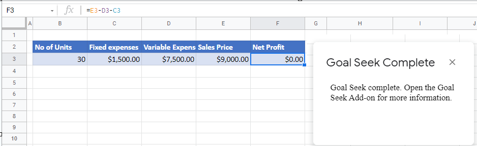 BreakEven GS goalseek solution